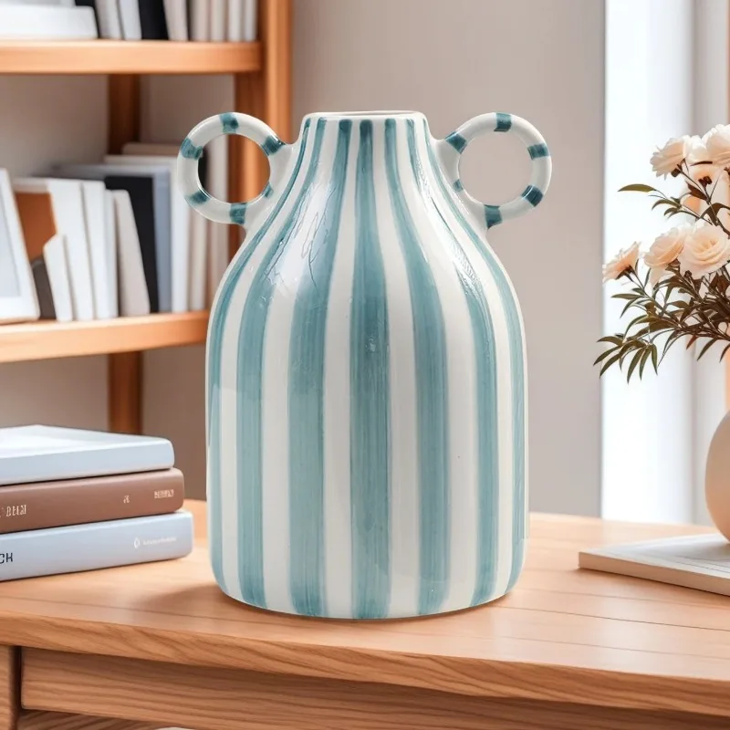 Double Ear Striped Ceramic Vase Nordic Style Art Vase Decoration Home Living Room Desktop Bloom Holder Decoration Room Decor