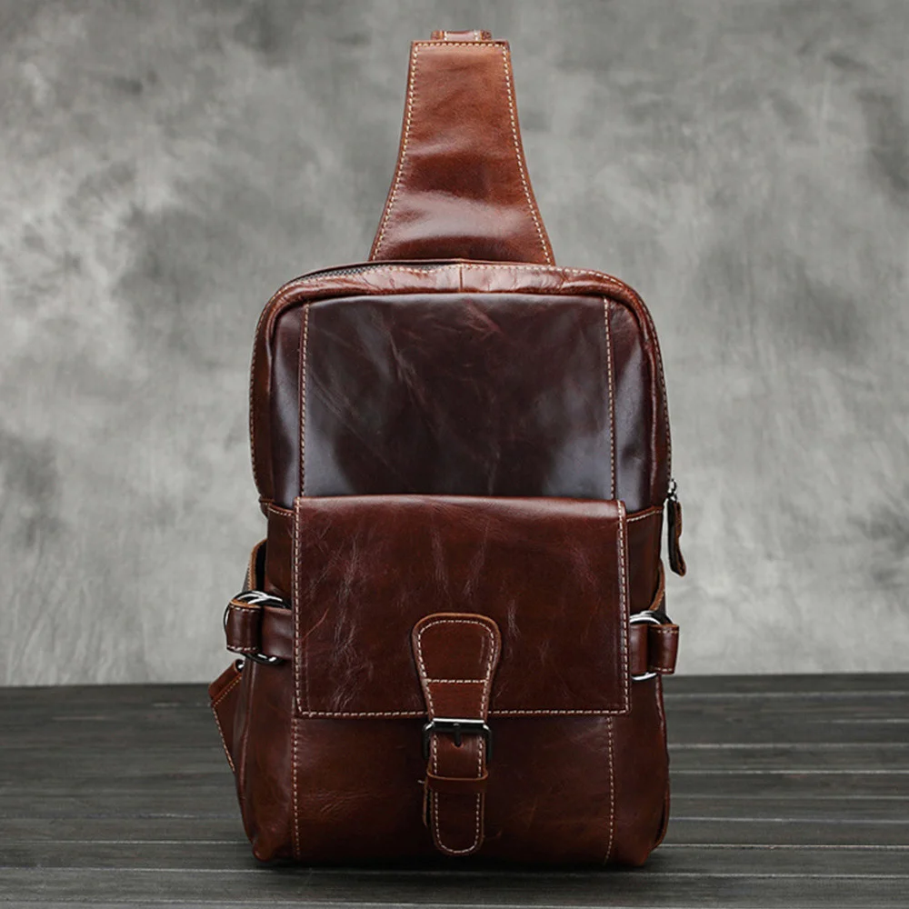 

Genuine Leather Men Sling Chest Bags Back pack Rucksack Retro Messenger Shoulder Bag Trends Travel Natural Skin Daypack Knapsack