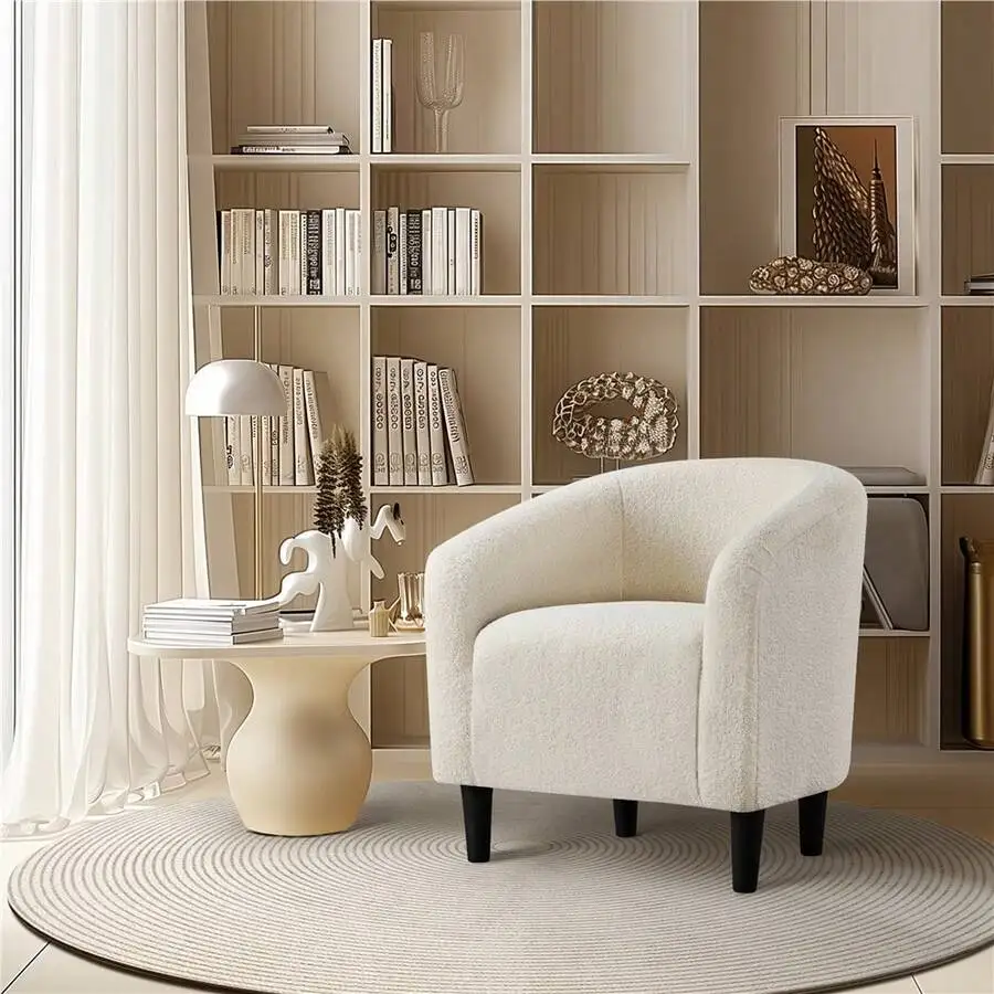 Butterslay 1PC Solid Wood Barrel Arm Chair With Boucle Fabric, Comfortable Lounge Chair For Living Room Office & Bedroom Reading, Ivory