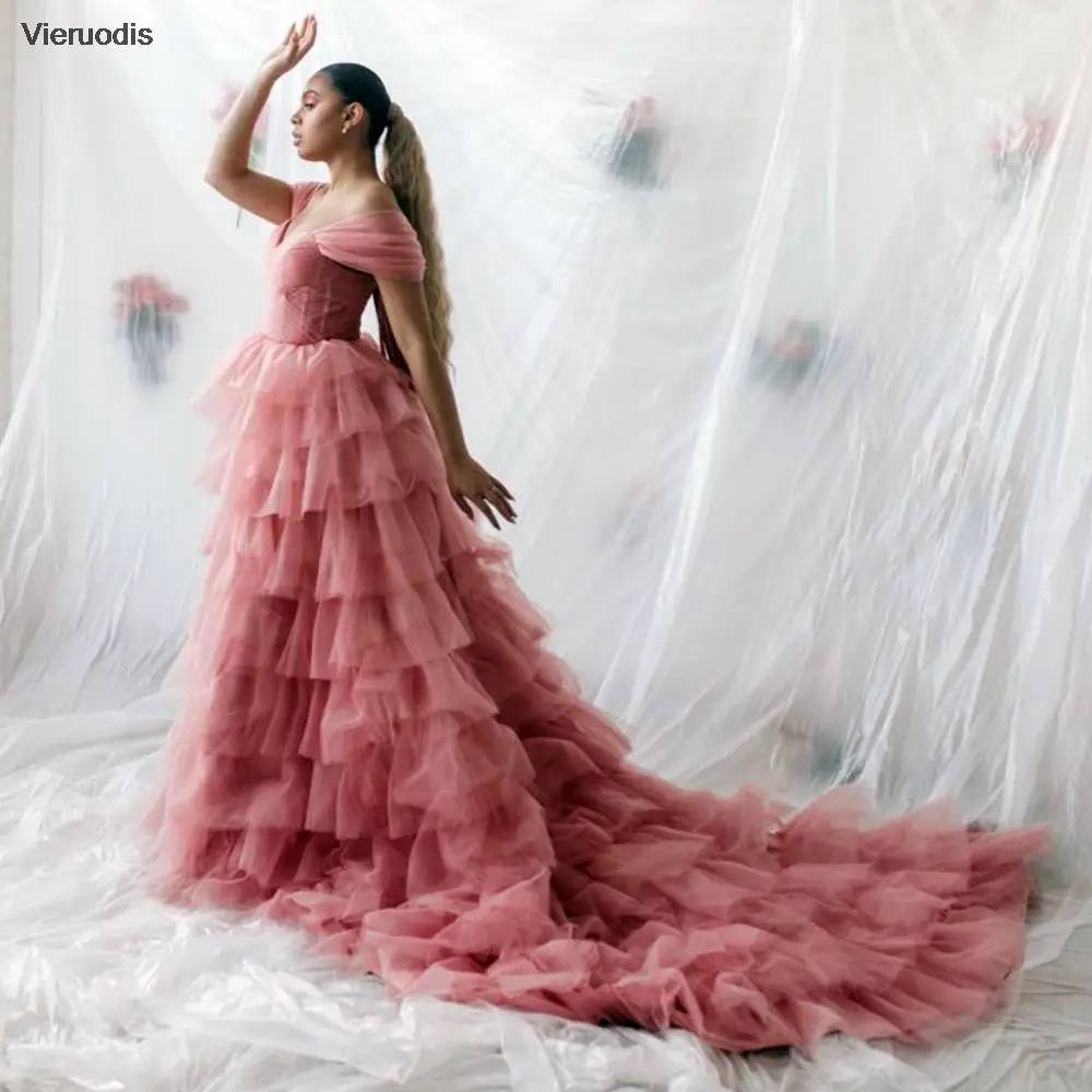 

Blush Pink Prom Dress Sweetheart Ruffles Tiered Pleated Tulle Prom Gown Off The Shoulder Lace Up Party Dress with Long Train
