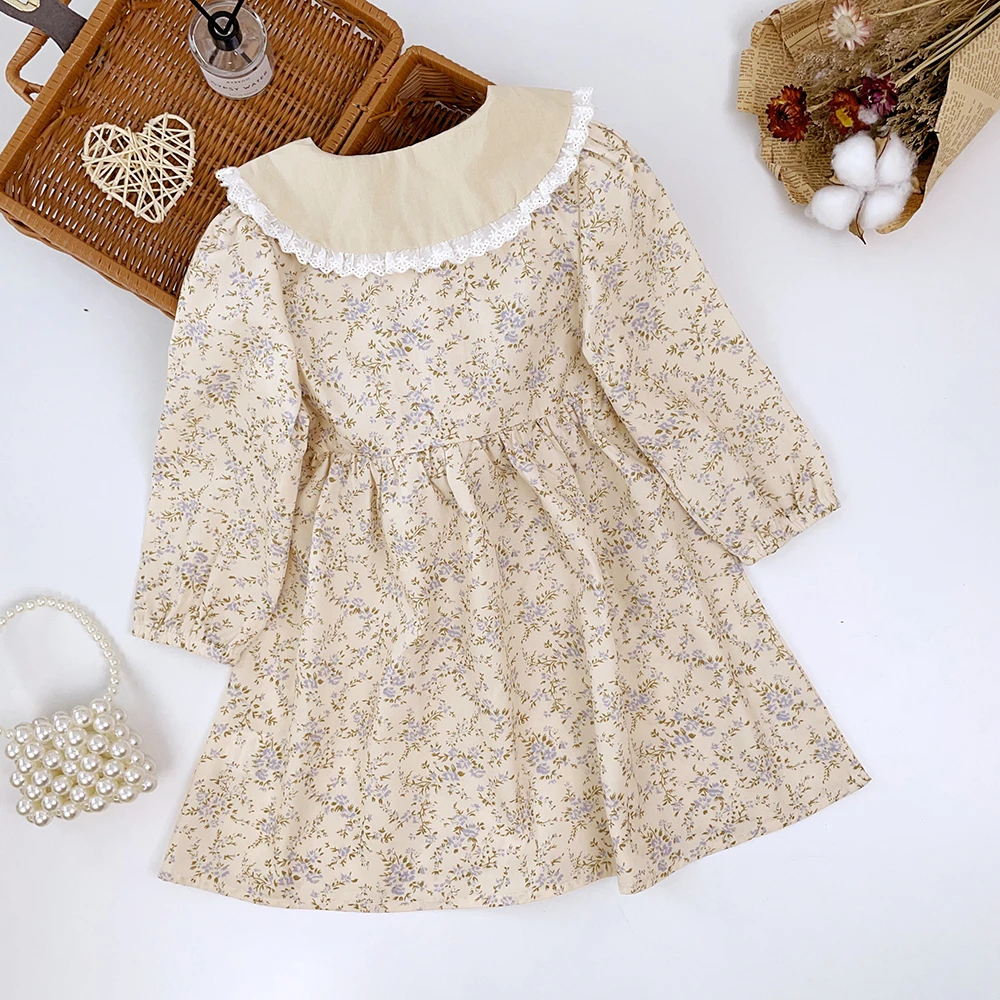 Bear Leader Girls Flower Dress Girls Autumn Clothing Fashion 2023 Lace Turn-down Floral Princess Dress Kids Casual Fall Clothes