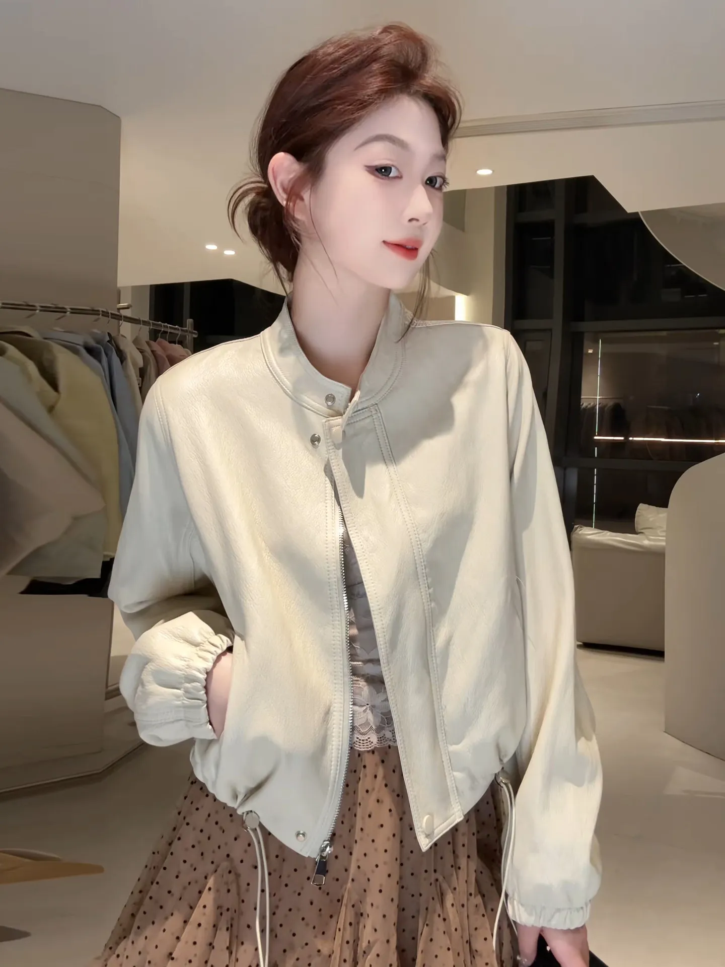 

Fashionable Korean Style Stand Collar Biker Jacket Women's Short PU Leather Coat Casual Slimming Spring Autumn New Arrival