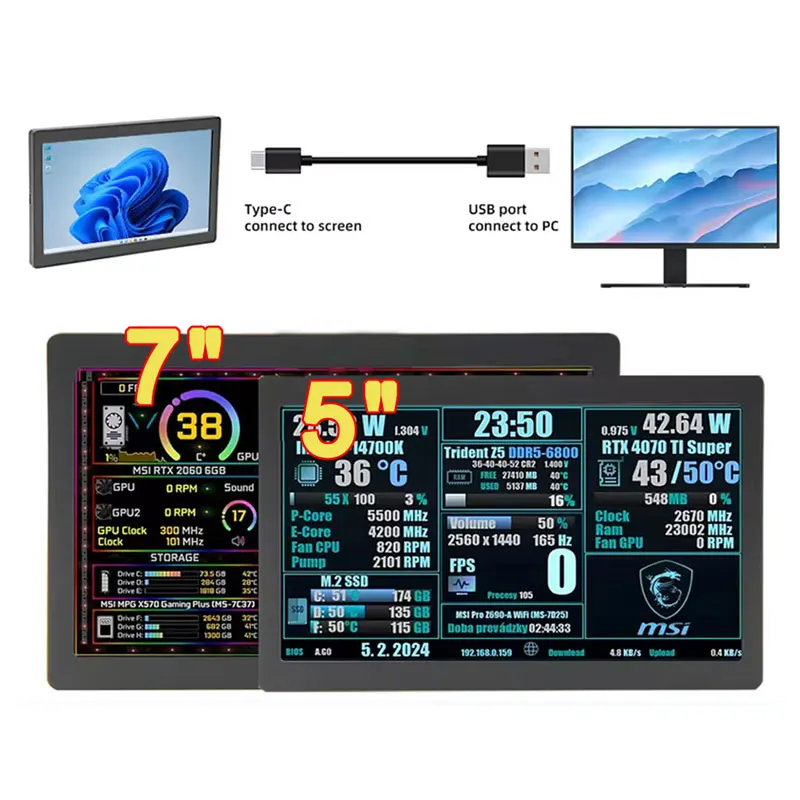 Type-C Secondary Monitor 7 Inch 1024x600 HD IPS Display Screen USB Plug and Play Compatible with AIDA64 Home Office Setup