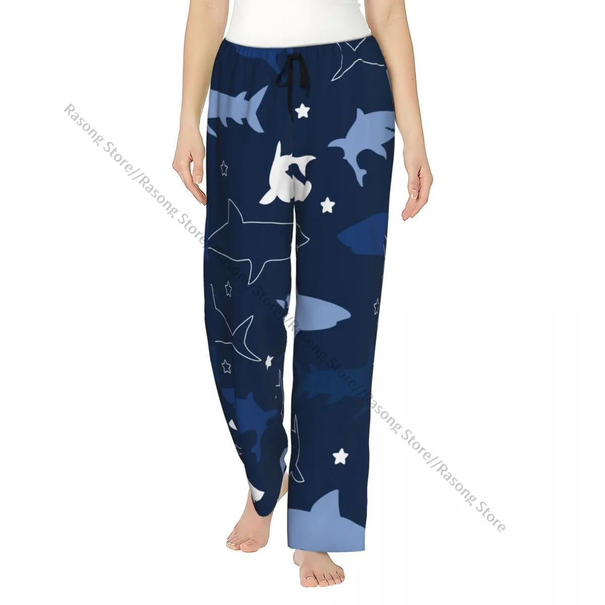 

Navy Shark Illustration Flannel Pajama Pants for Women Soft Warm Sleep Pants with Elastic Waistband
