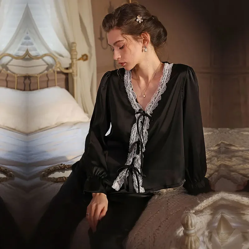 Ropa de dormir fina de satén para mujer, ropa de dormir con borde de encaje, cárdigan de manga larga con cuello en V, conjunto de pijama estilo corte francés para verano