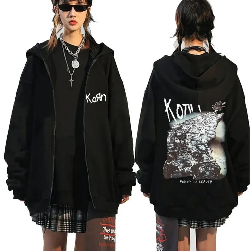 Korn Rock Band Zipper Hoodie For Men And Women Casual Trendy Zipper Jacket Loose Vintage Graphic Jacket Ftl 25 Classic Simple