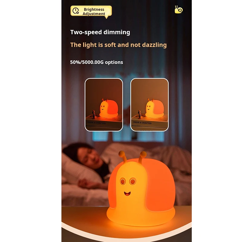 snail night light usb-c rechargeable touch control dimmable warm light timer 8-10h use kid bedroom decor gift portable 4h charge