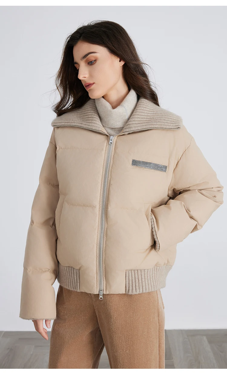 BC835 Weiße Gänsedaunenjacke mit großem Revers, warm, mit Reißverschluss, langärmelig, 100% Kaschmir, warmer Mantel – Detail 7
