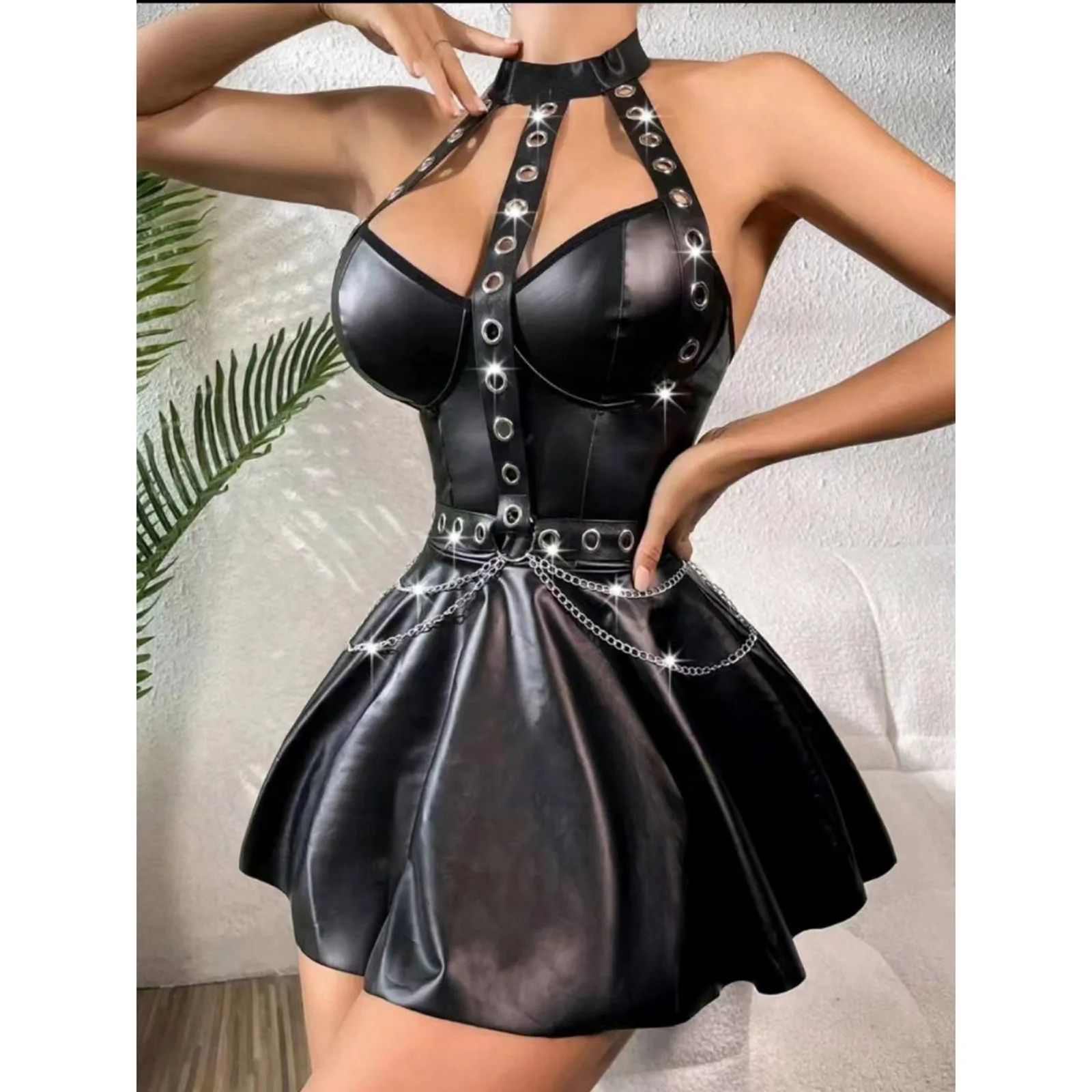 Vestido Punk de cuero PU para mujer, minivestido con parte trasera en T, Halter, correas con ojales, cadena, línea A, cócteles, disfraz de actuación