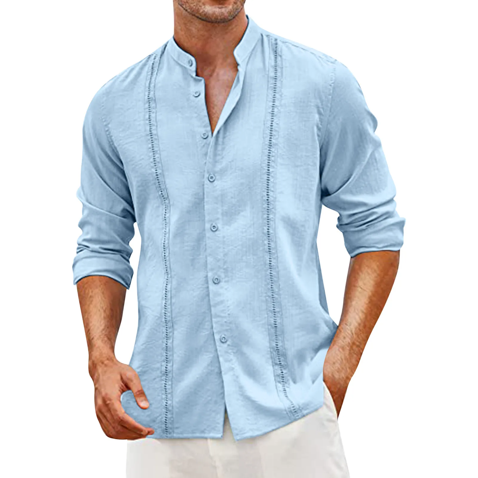 

2023 Spring Summer Men's Shirt Breathable Casual Imitation Cotton Linen Solid Color Stand Collar Long Sleeve Button Loose Blouse