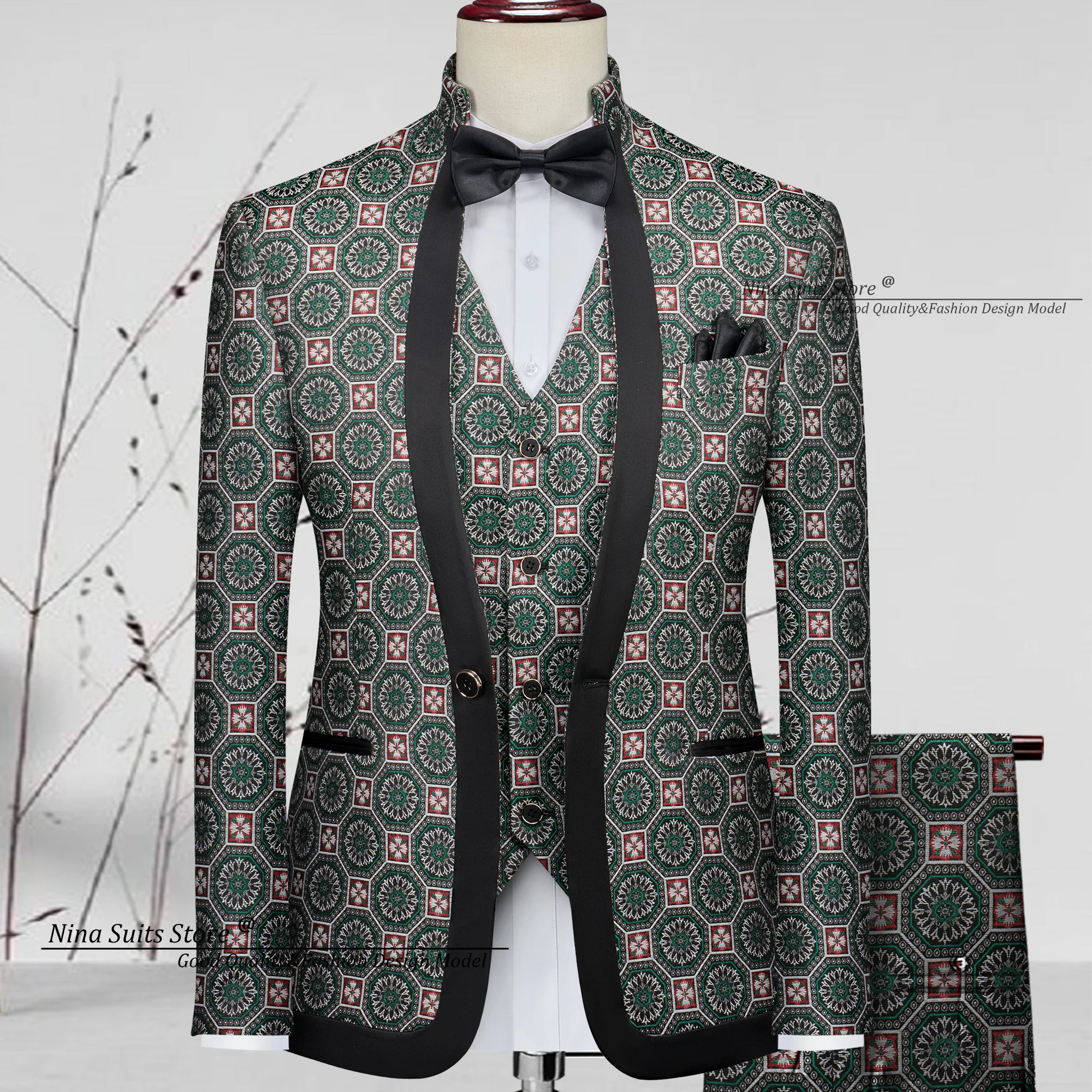 Nina Store Elegant Jacquard Suits for Men 2025 New Style Single Breasted Black and Dark Green Pattern Coat Vest with Casual Pant