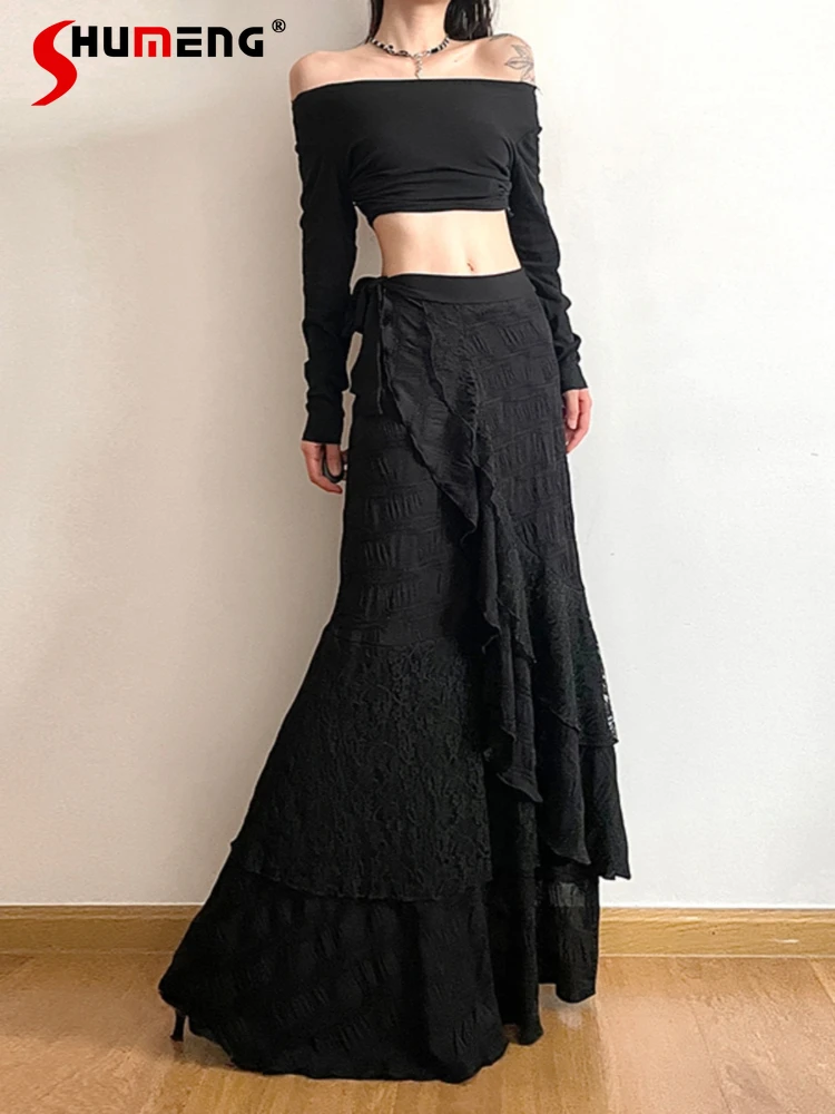 

Women's 2024 Black Skirts Ladies Temperament One-piece Skirts Trendy Feminine New High-waist Lotus Leaf Edge Solid Color Skirt