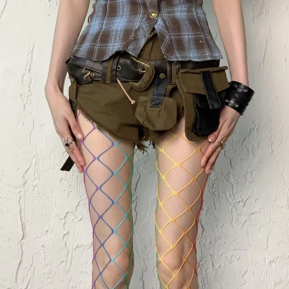 

Punk Y2K Rainbow Fishnet Stockings Large Mesh Dopamine See-through Tights Hot Girl Style Stretch Hollowed Out Pantyhose Women