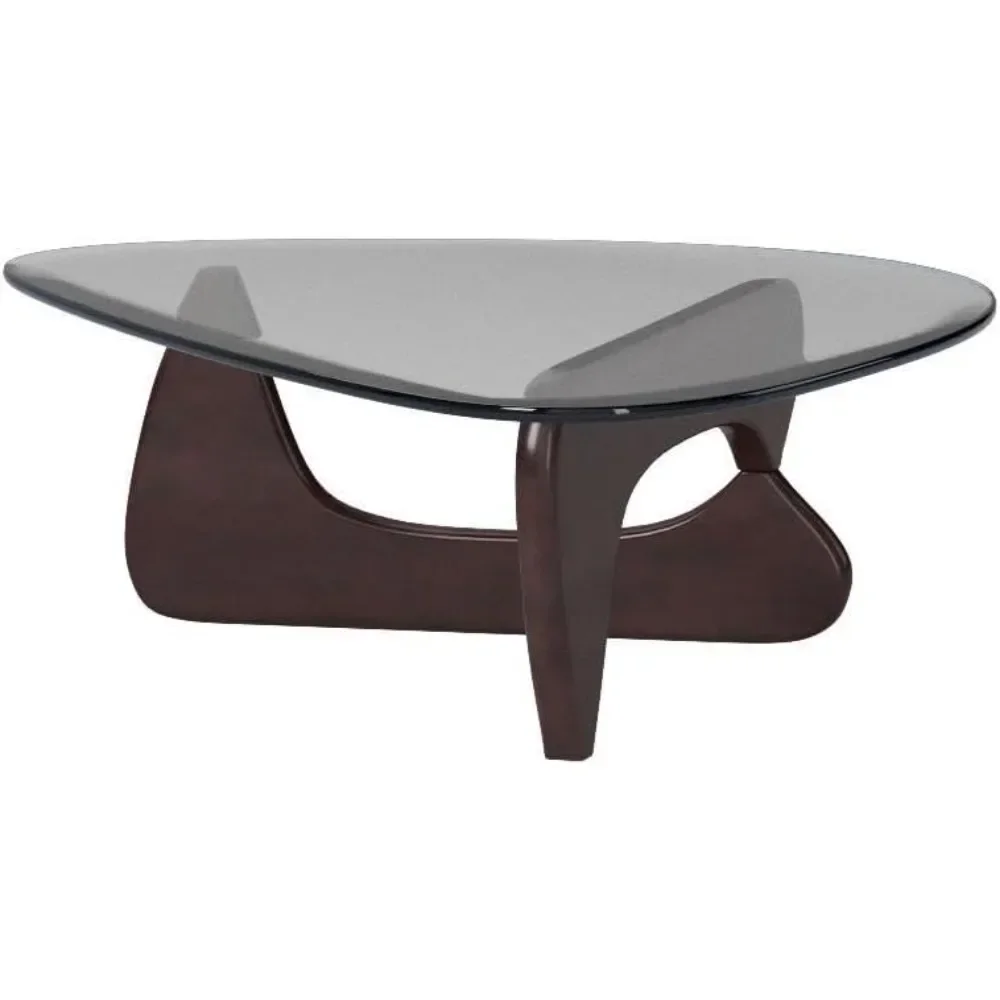 Mesa de centro triangular moderna Noguchi, mesa final Vintage, Base de madera maciza y acento superior de vidrio transparente, para sala de estar, Patio (oscuro