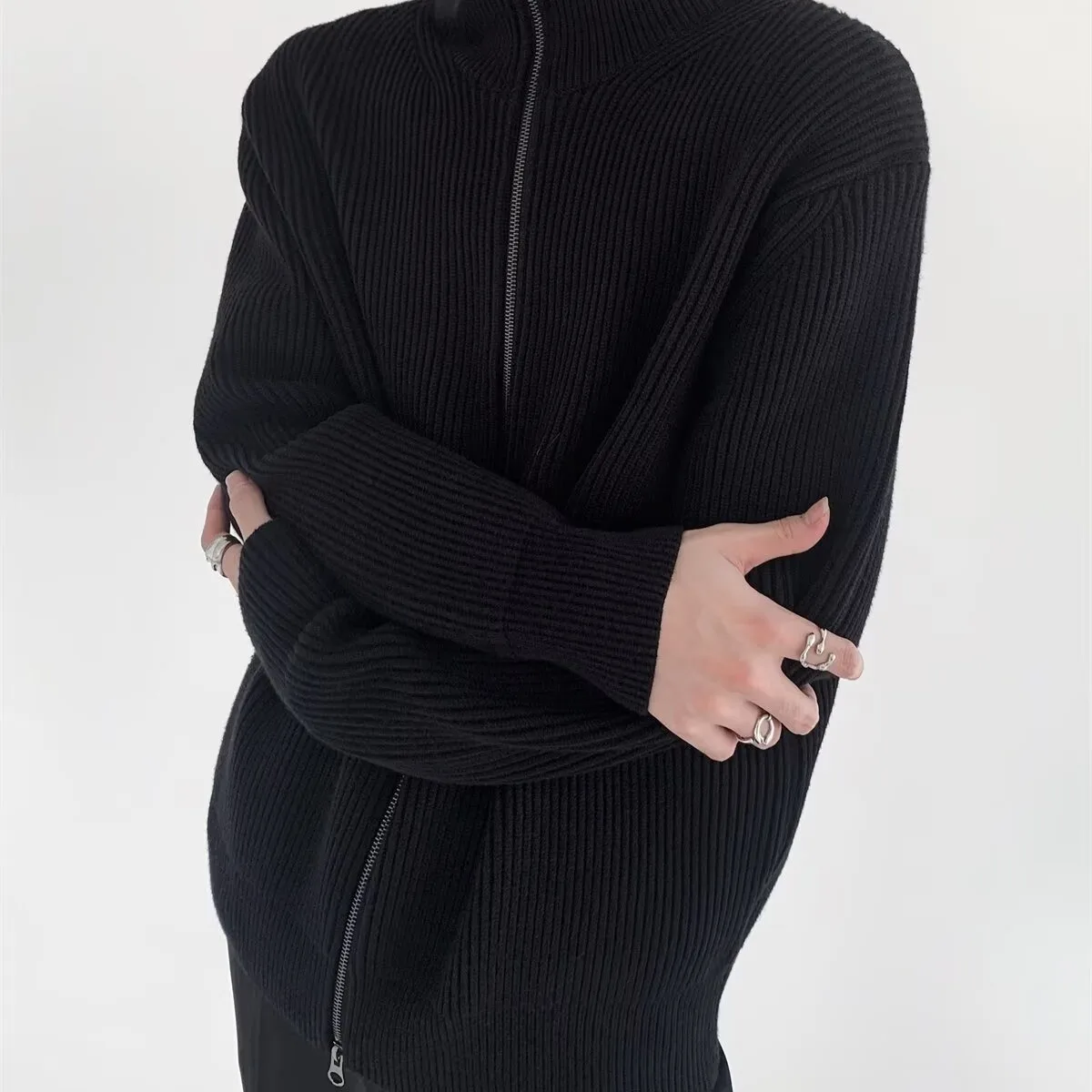 Autumn Winter Stand Collar Zip-Up Cardigan Men Women Solid Fine Gauge Knit Casual Outerwear