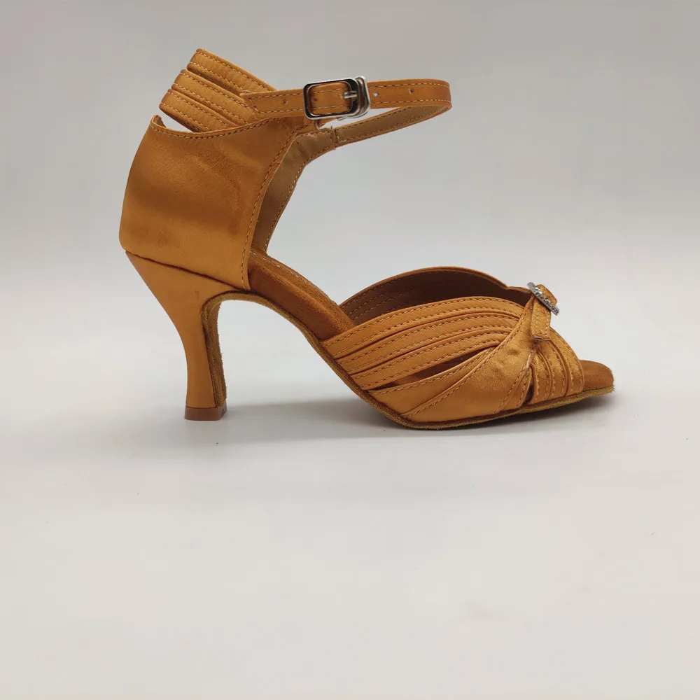 Zapatos de Salsa de tacón Evkoodance de 7cm con hebilla de cristal, suela de ante color tostado, calzado de baile Popular para fiesta y Club de