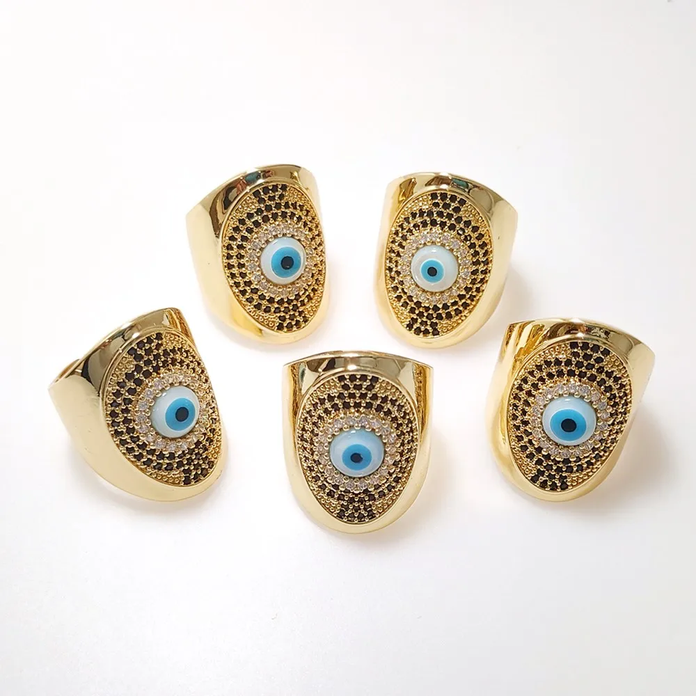 FUWO 1Pcs High Quality Natural Shell Evil Eye Ring,Golden Plated Cubic Zirconia Jewelry Gift For Women/Men Adjustable Size RG075