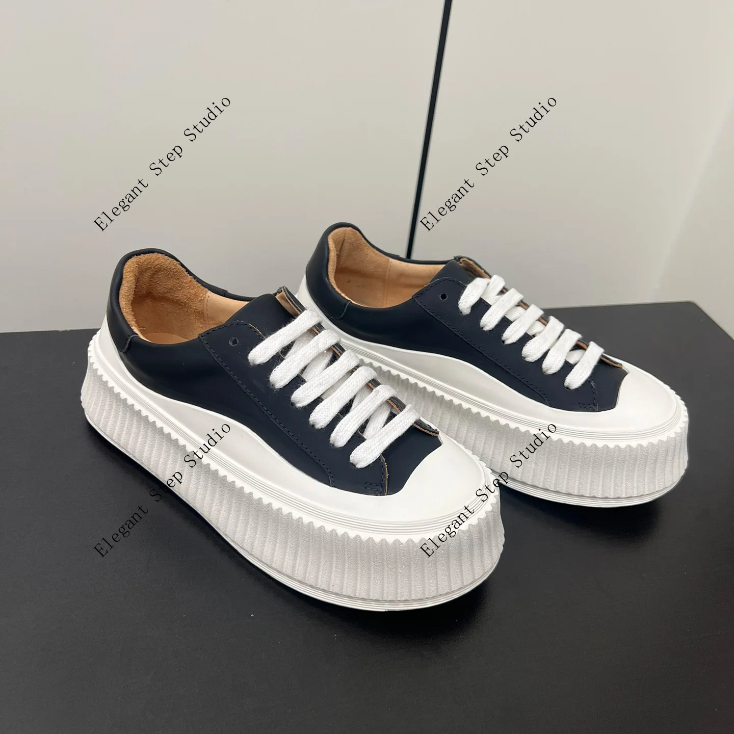 Unisex Shoes Leather Platform Sneakers Low-top Lace-up White