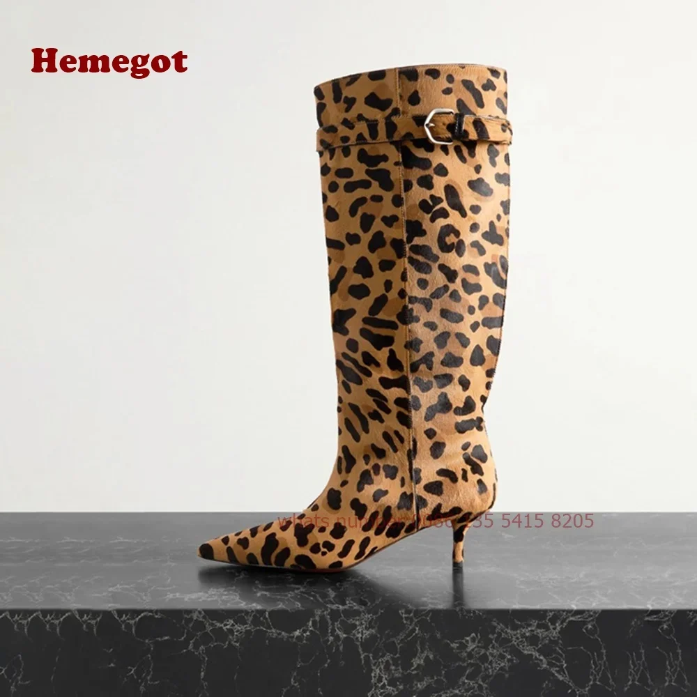 Leopard Kitten Heels Back Air Boots Pointed Toe Animal Hair Belt Buckle Knee High Boots for Women Winter Sexy Hollow Out Shoes