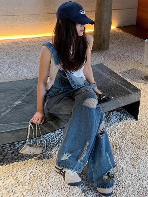 Retro Hong Kong Sle Women's Denim Overalls Summer 2025 Loose High Waist Straight Leg Wide Leg Pants Korean Version
