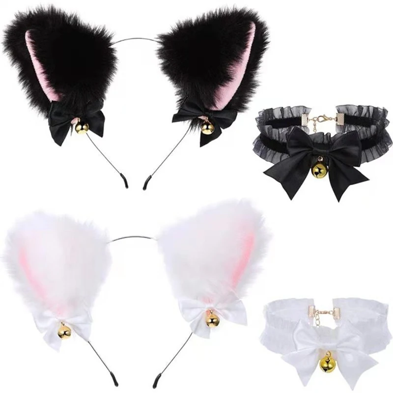 3Pcs/set Furry Foxes Ears Cats Necklace Long Tails Girls Party Cosplay  Headwear Cute Plush Animal Ear Long Fur Tail Dress