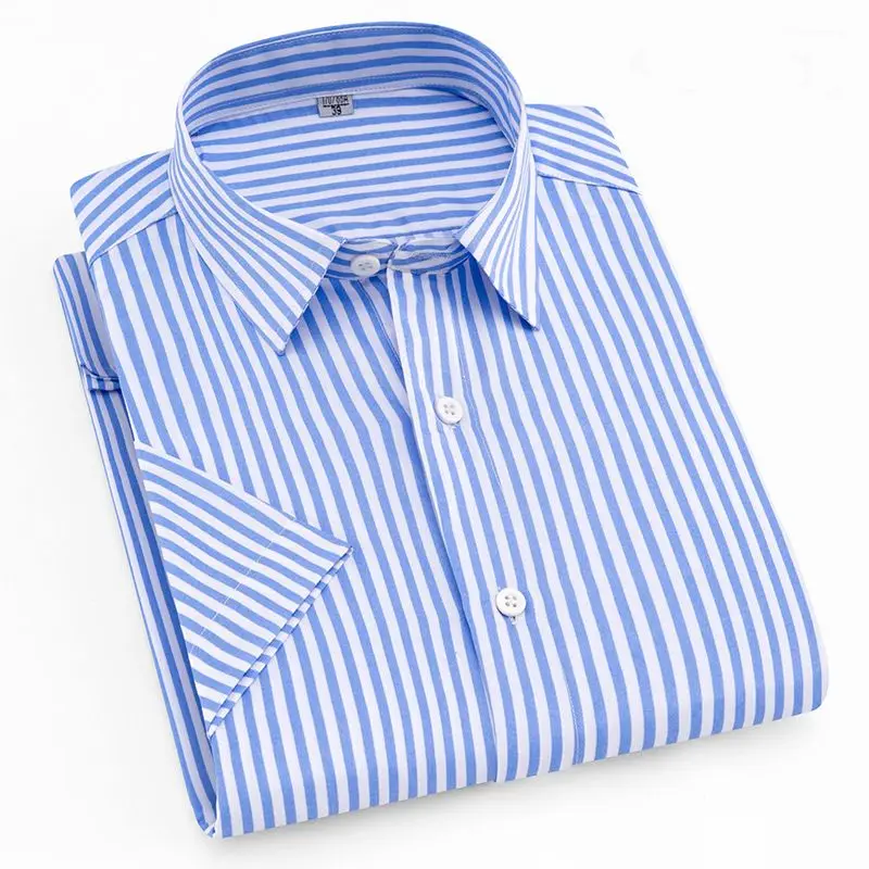 

Men's Short-sleeved Summer Thin Shirt Stripe Solid Color POLO Collar Single Breasted Middle-aged and Elderly Business Casual