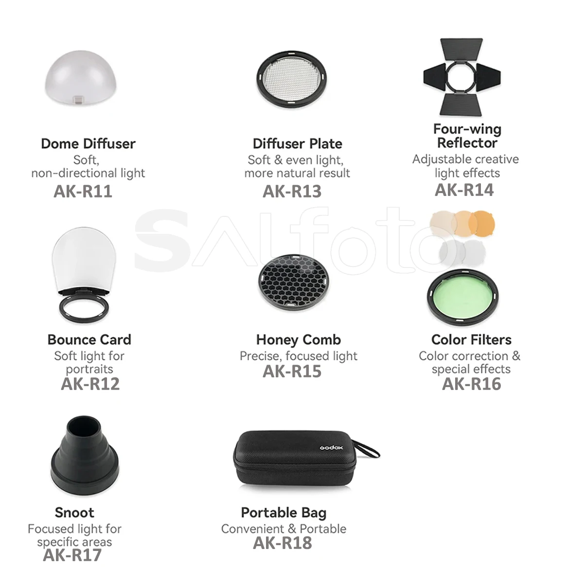 Godox Flash Accessory AK-R11 Dome Diffuser AK-R12 AK-R13 AK-R14 Barn Door AK-R15 Honey Comb AK-R16 Color Filters AK-R17 Snoot