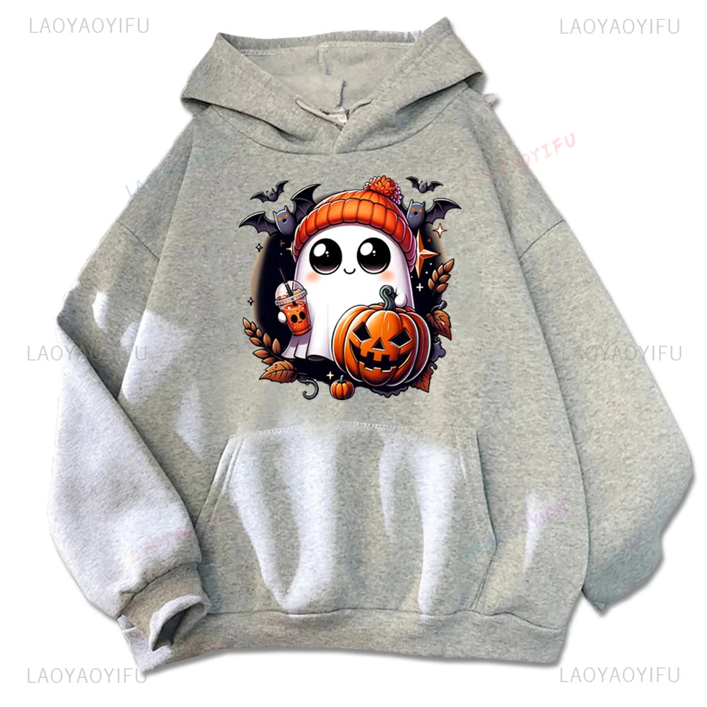 The Ghost Was Drinking Milk Tea with A Pumpkin Head Pullovers Fashion Casual Streetwear Hip-hop Hipster Winter Hot Sale Hoodies