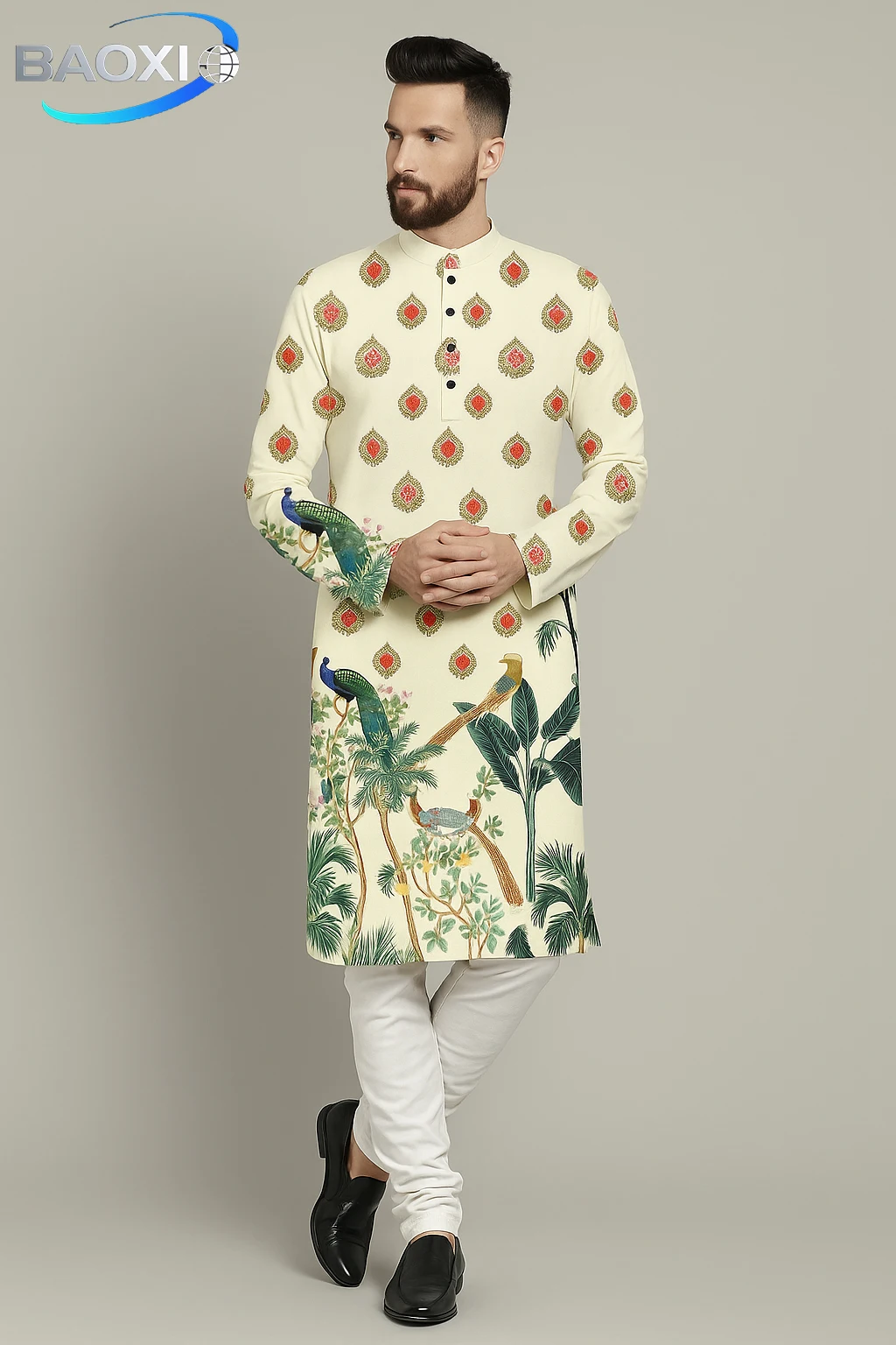 2025 men's printed kurta vardha fitted Mandarin collar long robe suitable for all occasions, such as high-end wedding venues
