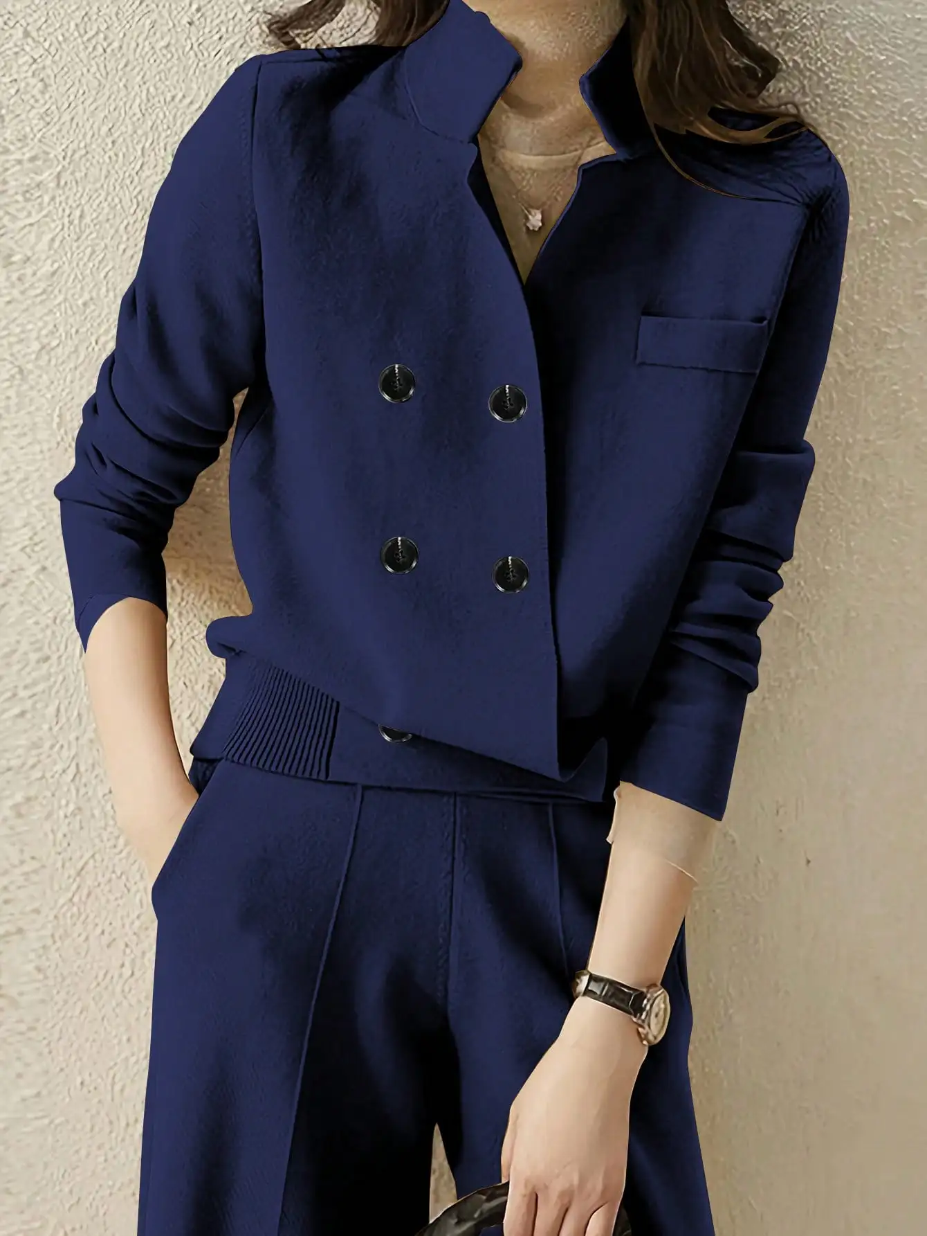 

Navy Blue Double Breasted Blazer Jacket for Women, Elegant Office Wear with Ribbed Waist Detail