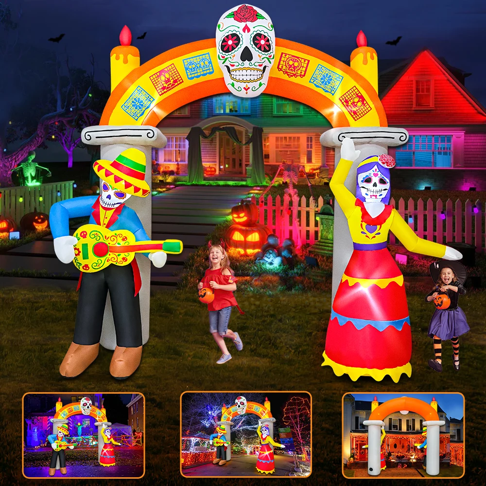 KOOY 9 Ft Day of The Dead Halloween Inflatables Archway Dia De Los Muertos Decorations Inflatable Arch with Skull Skeleton LED L