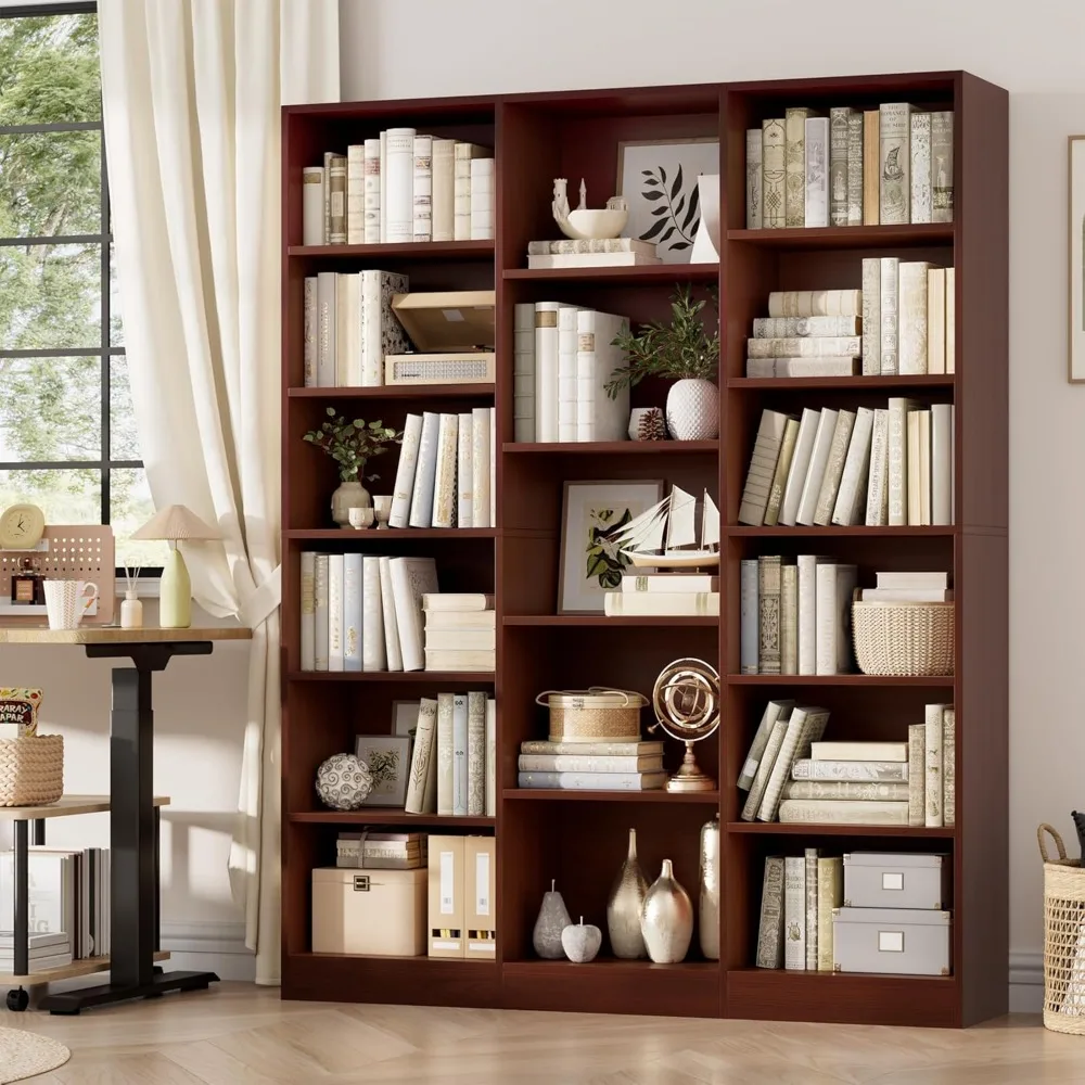 رف كتب كبير ثلاثي واسع 6 طبقات مع 17 رفًا مفتوحًا، يقف بطول 74 بوصة