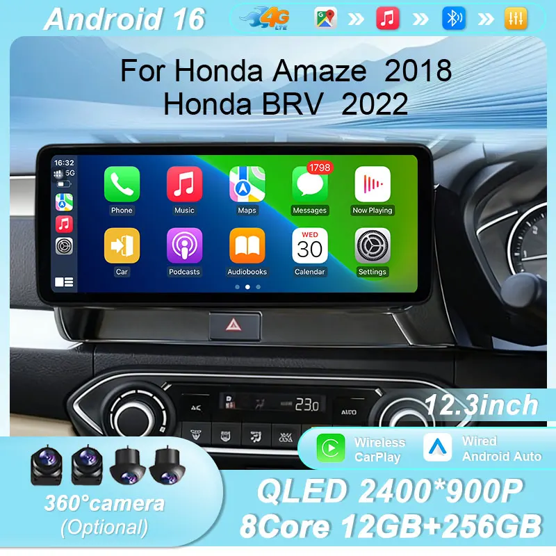 

Беспроводная автомобильная мультимедийная система CarPlay Android 16 с 12,3-дюймовым экраном для Honda Amaze 2018, BRV 2022, GPS, Bluetooth, Wi-Fi, DSP, IPS, HD, сенсорный экран