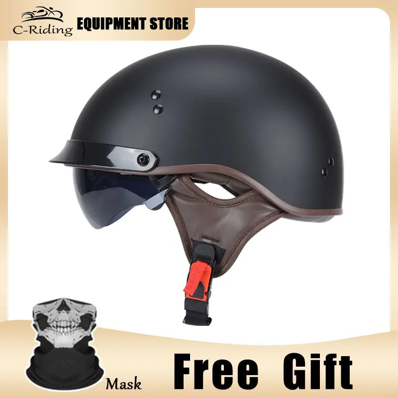 Cruiser Solid Flat Black Half Face Motorcycle Helmet with Drop-Down Sun Visor Removable Peak and Quick Release Buckle