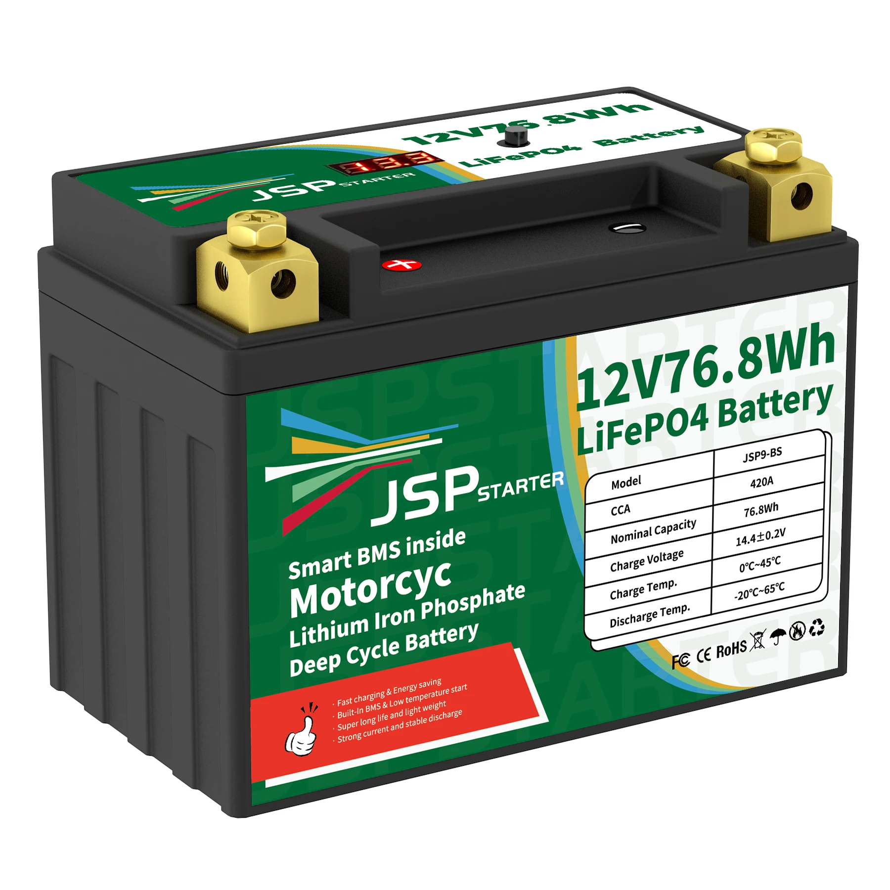 JSP9-BS 12.8V 76.8Wh CCA 420A BMS rozruch motocykla akumulator 12.8V skuter fosforan litowo-żelazowy akumulatory LiFePO4 YTX9-BS