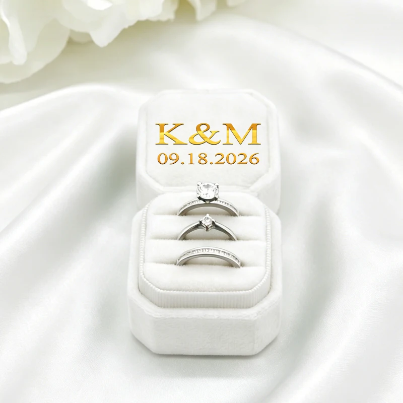 

Personalized Ring Box White Black Green Triple Octagon Velvet Ring Box Wedding, Proposal, Engagement Ring Box