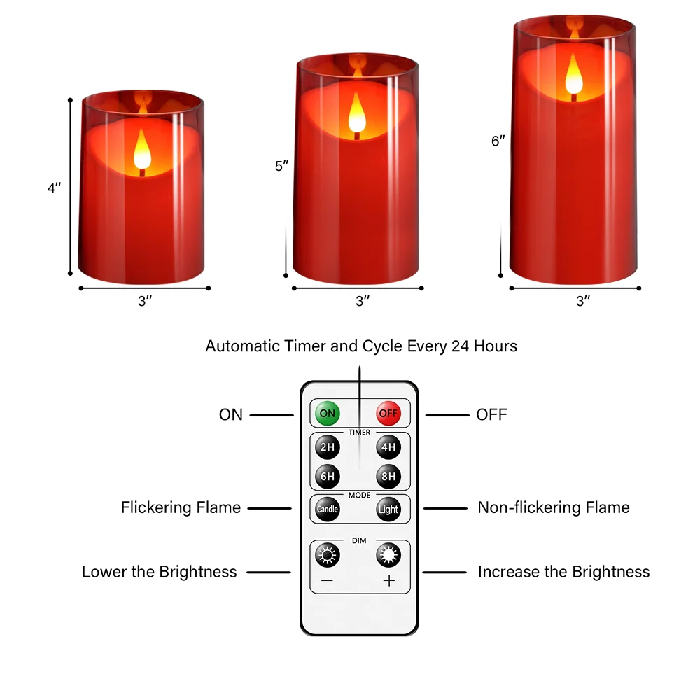Red Acrylic Flameless LED Candles with Timer Dimmable Flickering Safe for New Year Party Bar Restaurant Dining Table 2AA Battery