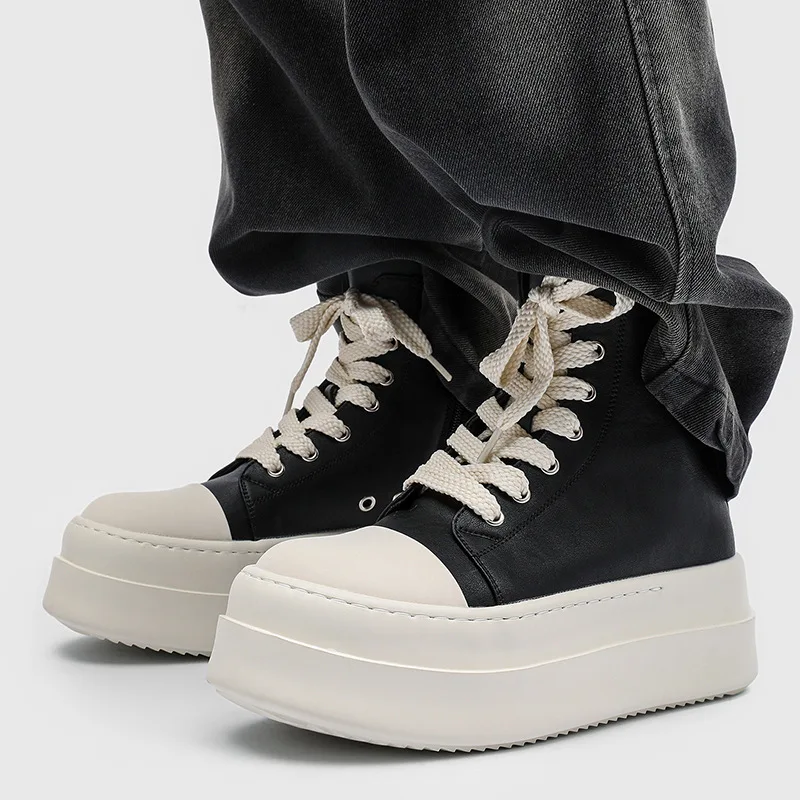

men casual punk hip hop platform boots lace-up genuine leather shoes black brown cowboy ankle boot street chunky botas masculina