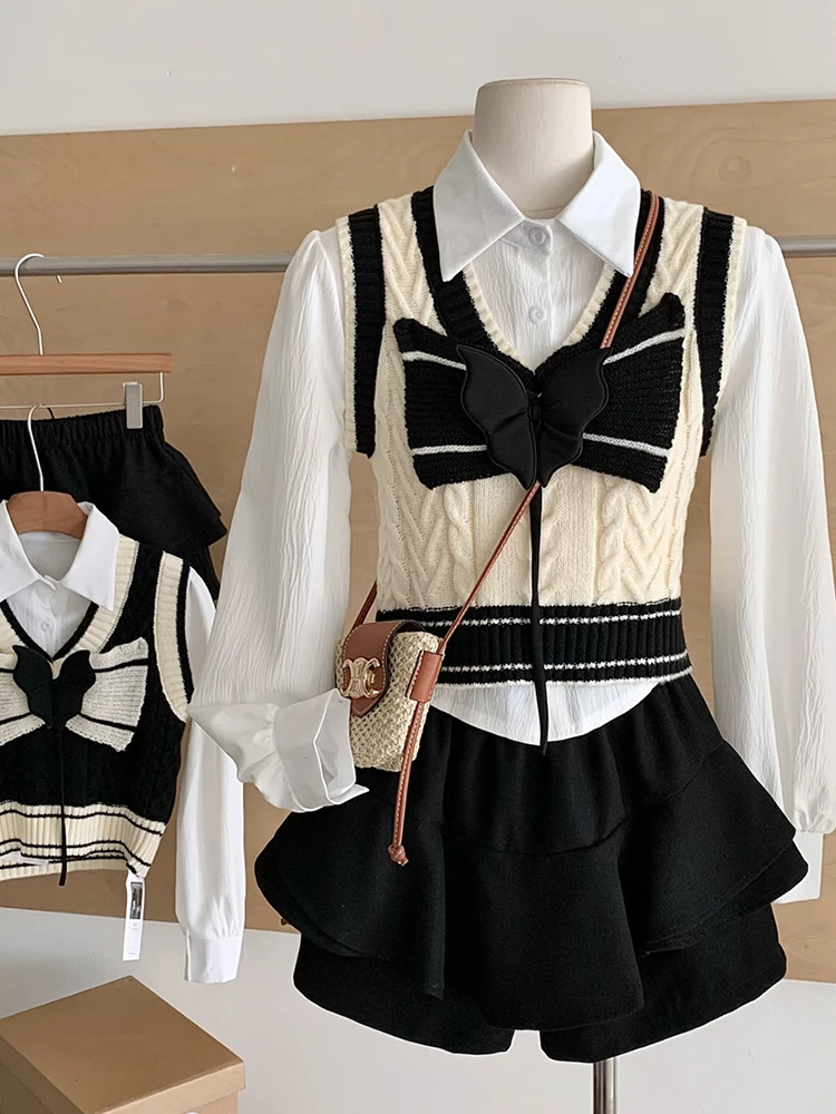 Fall Winter Women Korean Gyaru 2000s Preppy College Outfits 3 Piece Set Long Sleeve Crop Shirt + Knit Vest + Mini SKirt Culotte