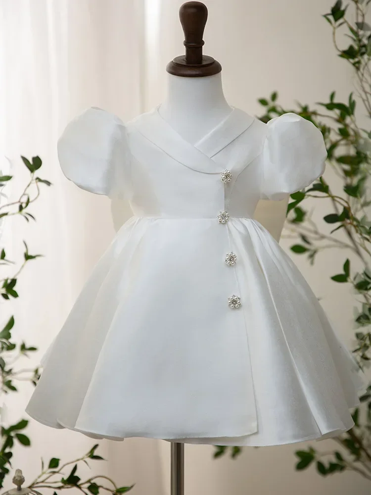 Customized Elegant Sweet Kids Birthday Party Dress Lapel Oblique Collar Puff Sleeve Bow Ball Gown 2024 Summer Princess Flower Gi