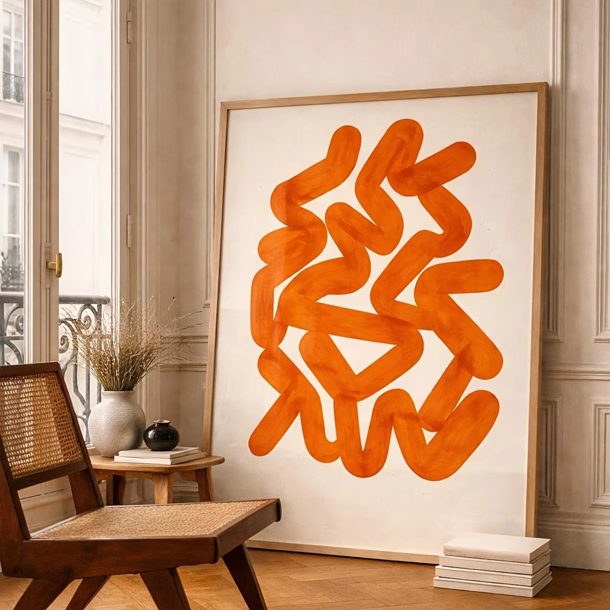 Retro Abstract Orange Strokes, Organic Curved Line Wall Art Print Canvas Painting Poster Picture For Bedroom Home Decor