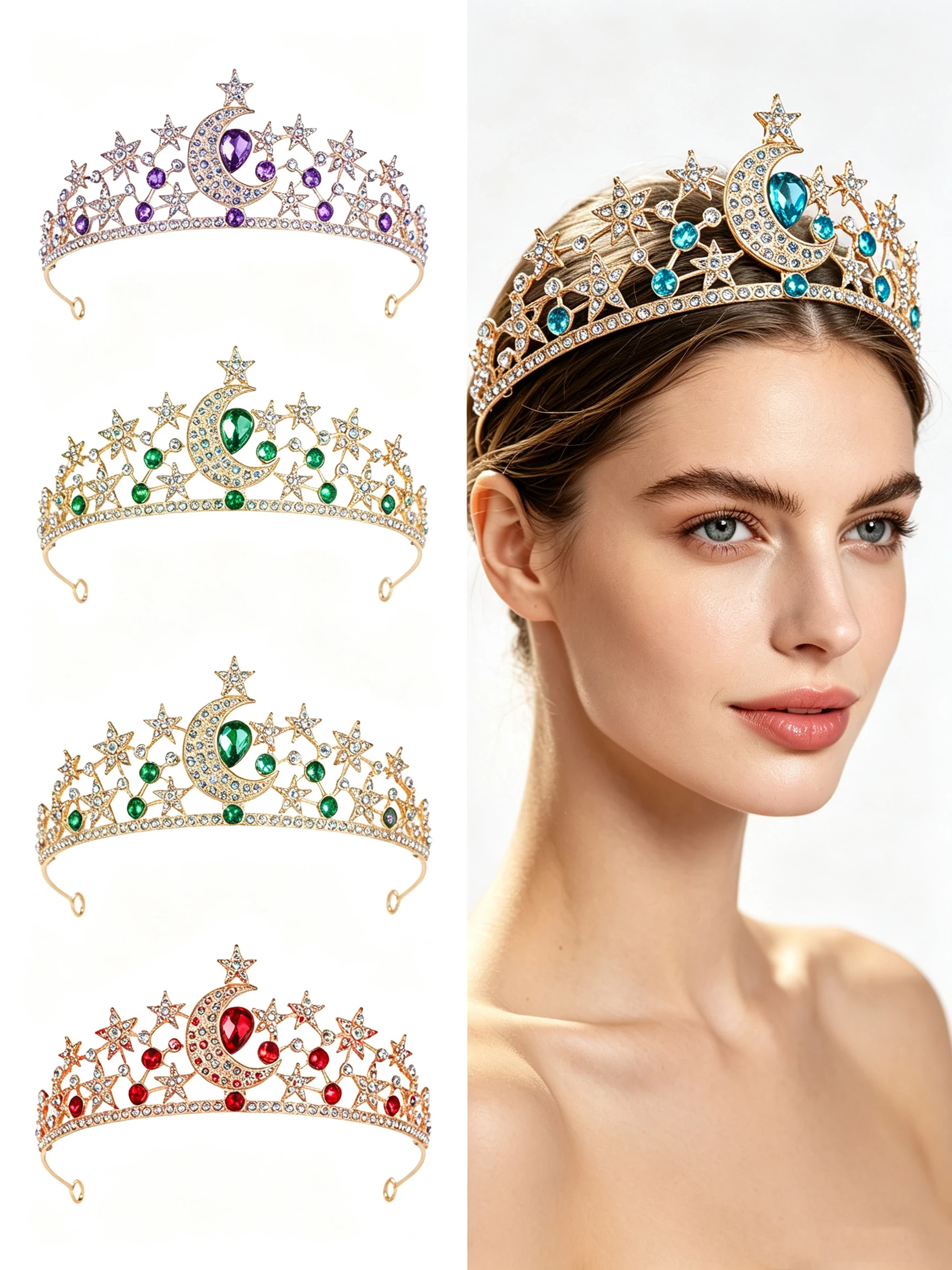 European and American Style Star and Moon Rhinestone Crown, Multi-Colored Gemstone Alloy Crown, Wedding Dinner Birthday Party Princess Headpiece