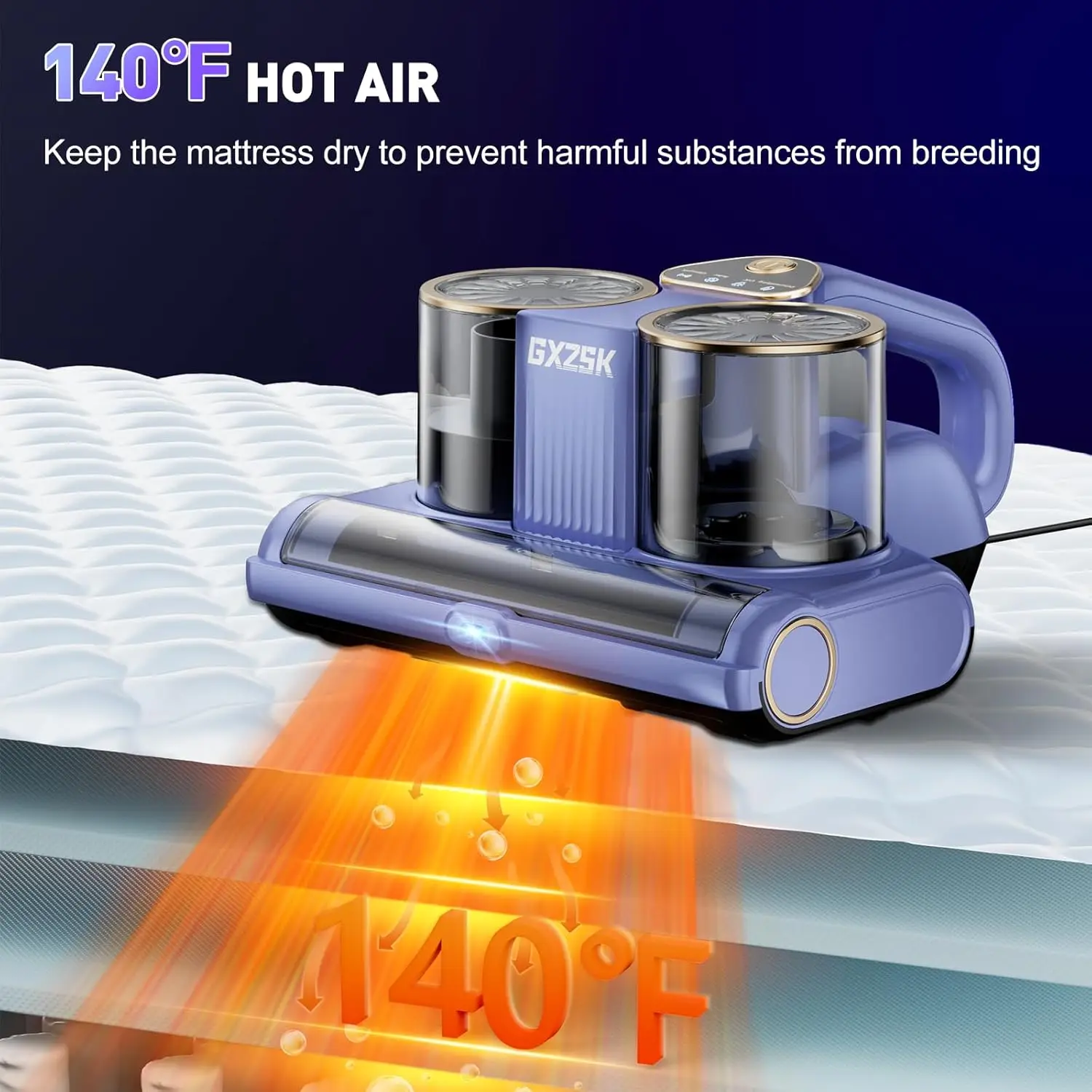 Aspirador de colchón, aspirador de cama de 16 kPa con luz UV-C de 253,7 nm, ultrasónico y 140 ℉   Calefacción, Taza Doble y Succión Ampliada P