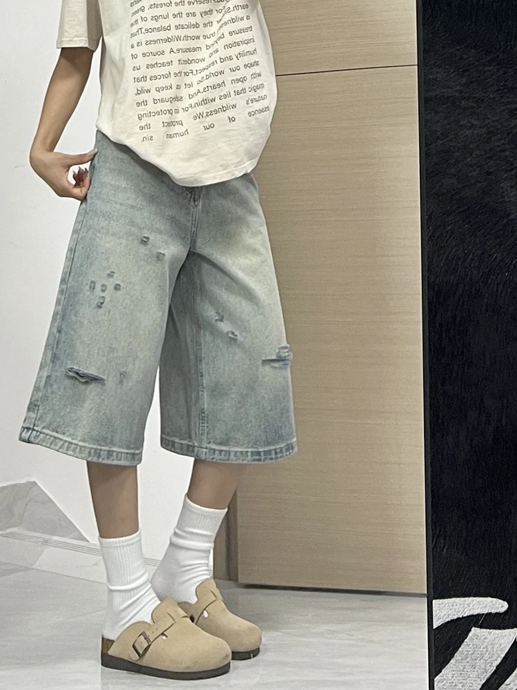 

Американские ретро-джинсовые шорты с дырками для женщин, летние, новые, больших размеров, для полных женщин, широкие, прямые, укороченные брюки-капри