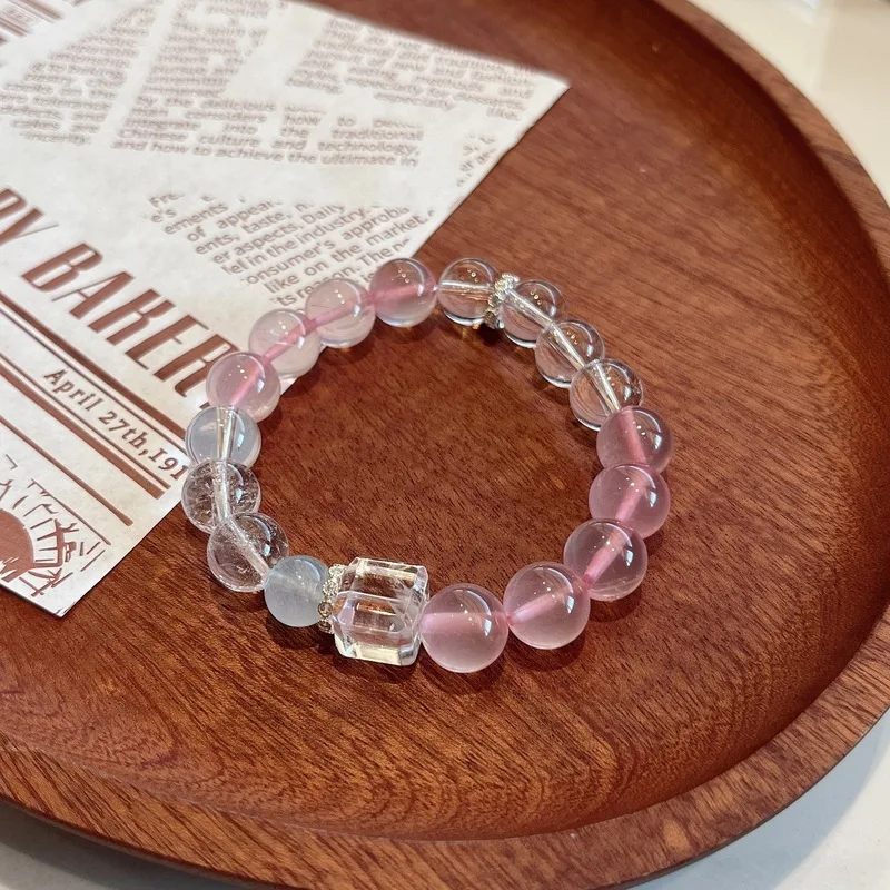 Pink Bracelet, Women'S Style, Featuring Sugar Cube-Shaped Aquamarine And White