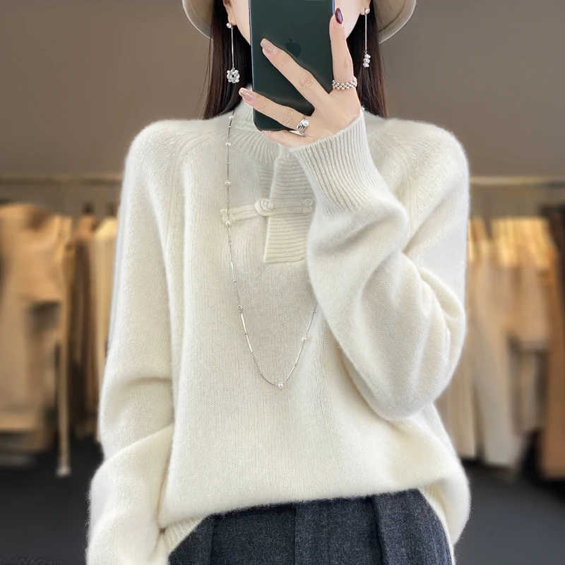 Autumn Winter 100% Pure Woolen Sweater Women's Vintage Half High Neck Loose Thickened Plate Button Pullover Versatile Foreigner