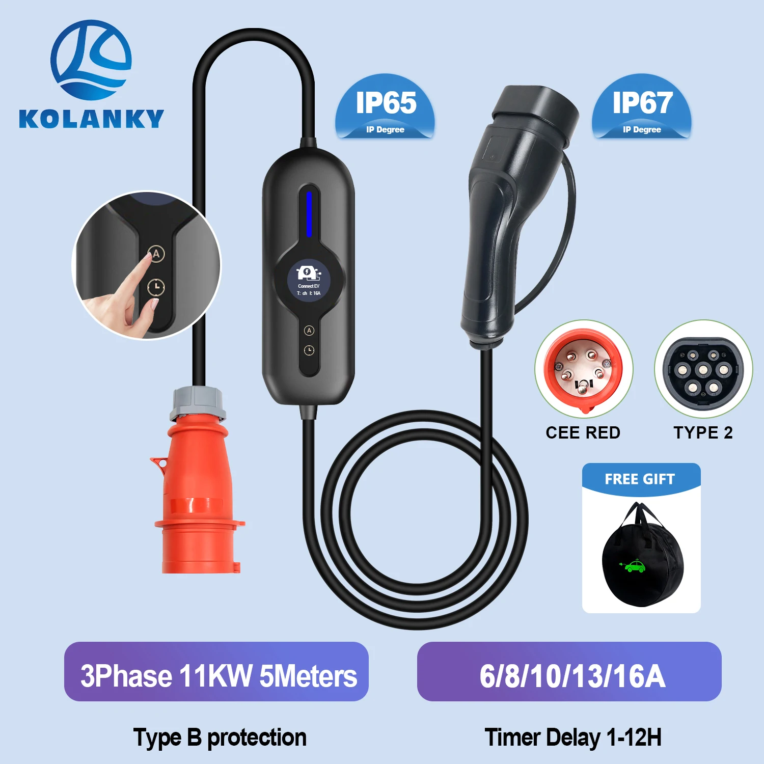 Kolanky Portable EV Charger 16A 11KW Type B Protection Home Charging Wallbox Time Delay 1-15 Hour Electric Vehicle Cars
