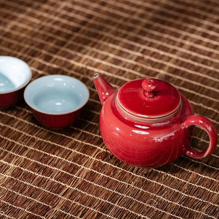 Jun Porcelain Red Tea Set Gift Box Ceramic Teapot and Cups Set One Pot and Two Cups Household Use