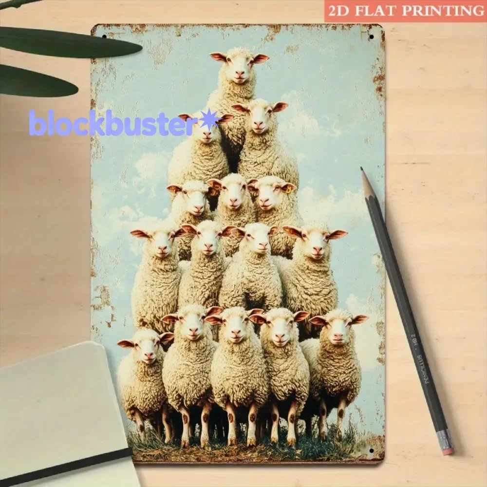 Letrero Metálico Vintage de Ovejas Apiladas, Arte Rústico de Animales de Granja en Azul Envejecido de 8x12 Pulgadas para Deco