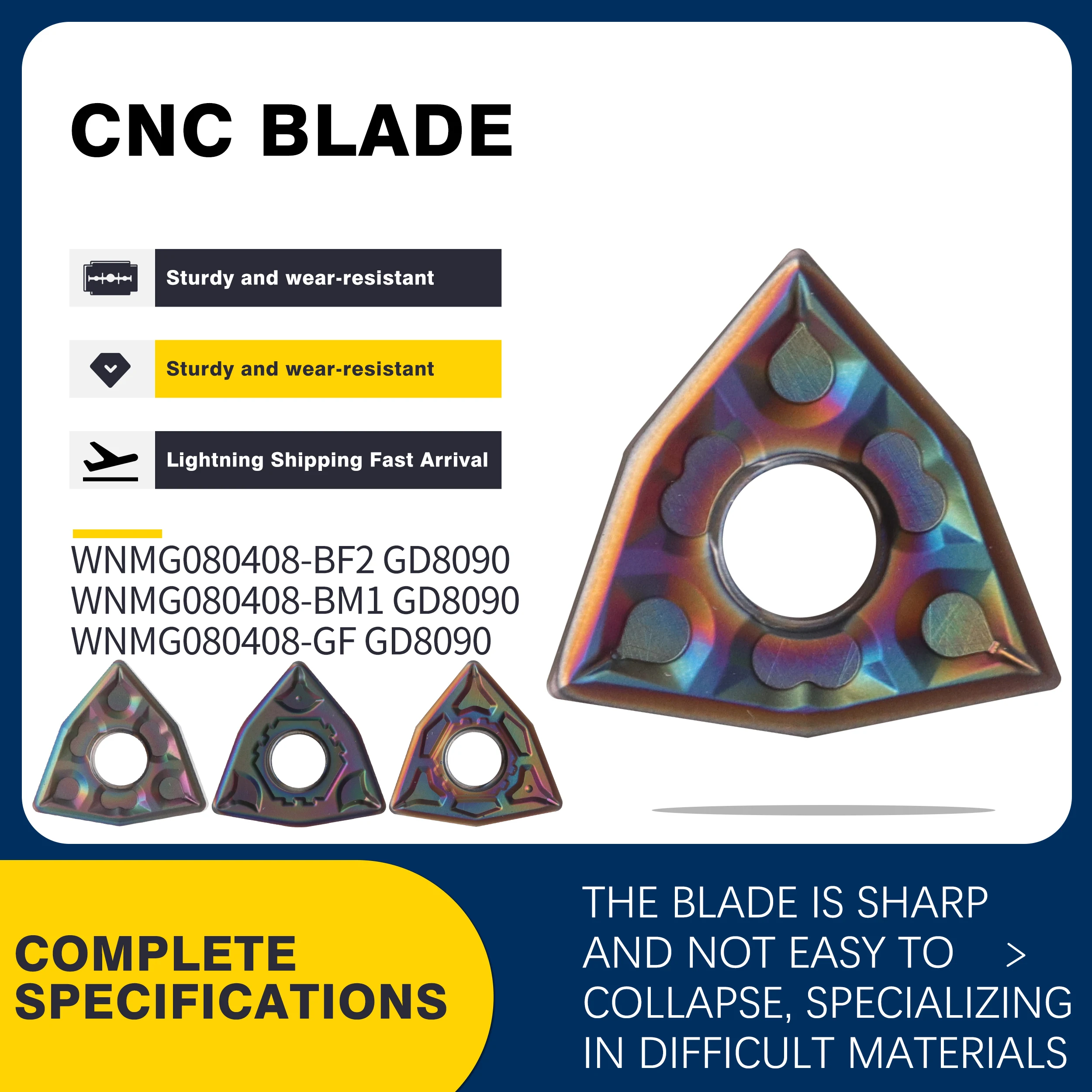 

CNC Lathe High Quality Colored Blades WNMG080404-ZPF/BF2/BM1/GF GD8090 Carbide Nano-nitride PVD Coating External Turning Inserts